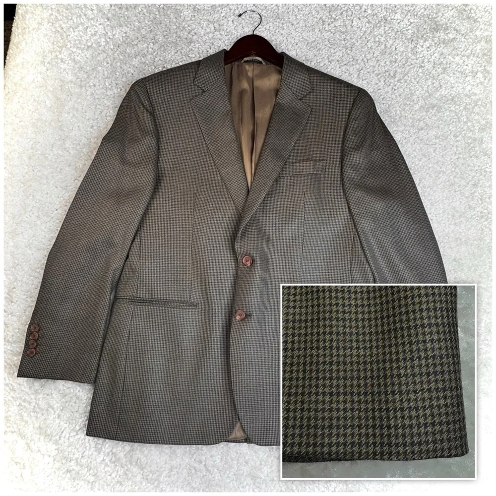 Ralph Lauren Sports Jacket Blazer Houndstooth Olive Brown Silk Wool Dillards 42R